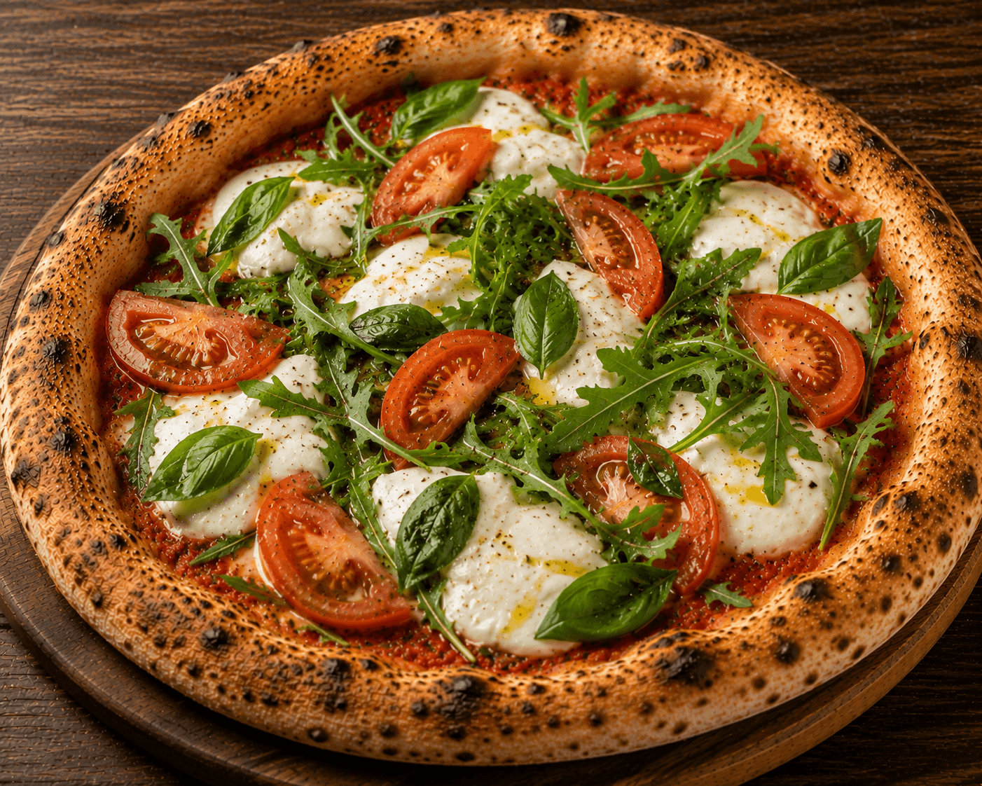 Buffala - Sauce tomate, mozzarella di bufala, tomates fraîches, roquette, basilic, huile d’olive