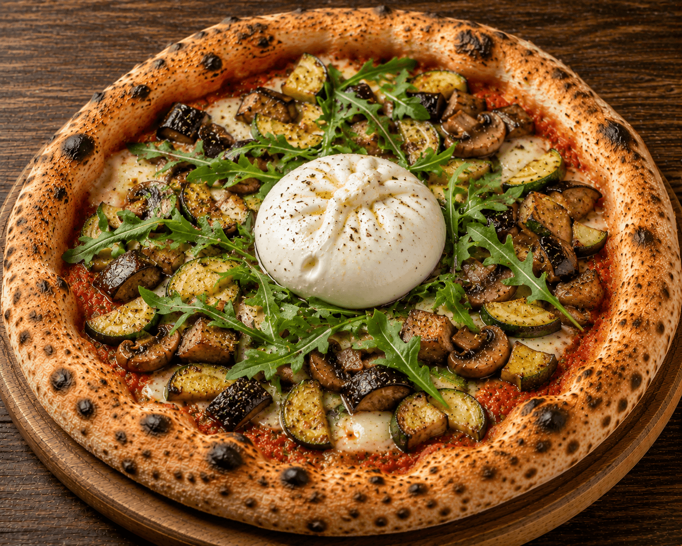 Burratina Végétarienne - Sauce tomate, mozzarella, aubergines sautées, courgettes sautées, champignons poêlés, roquette