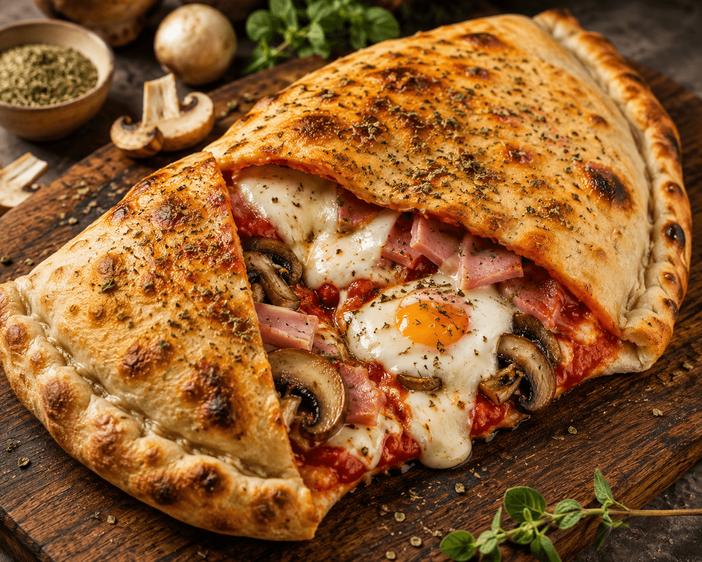 Calzone - Sauce tomate, mozzarella, jambon, origan, œuf, champignons poêlés