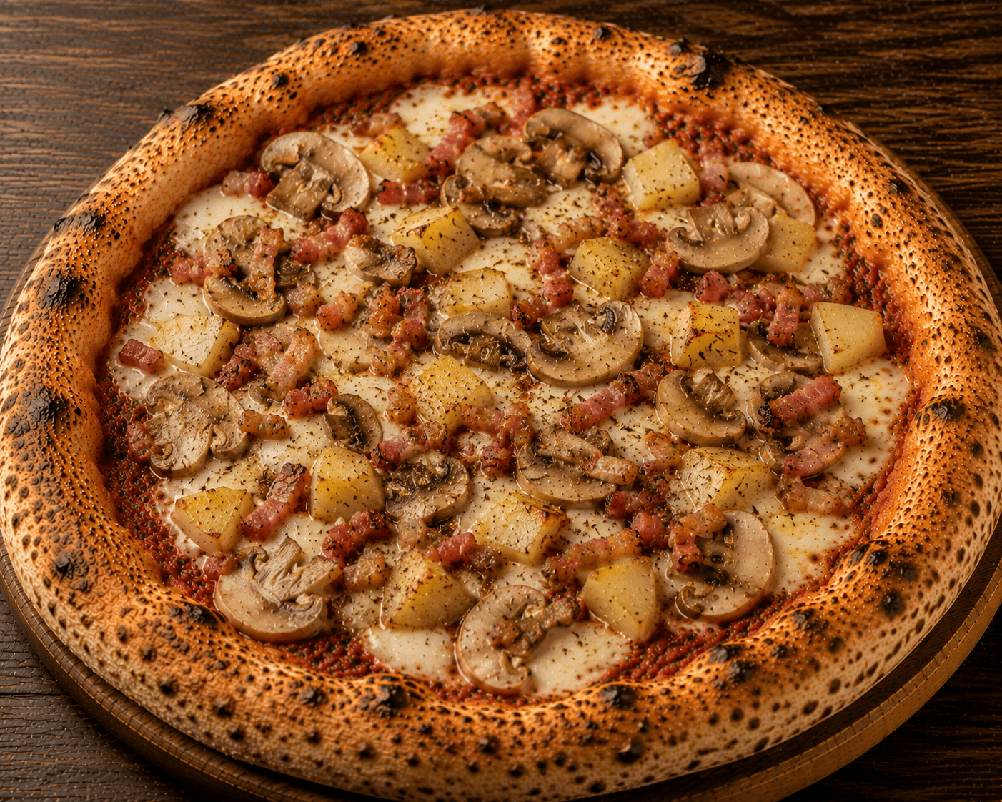 Capriccio - Sauce tomate, mozzarella, champignons marinés, lardons, pommes de terre