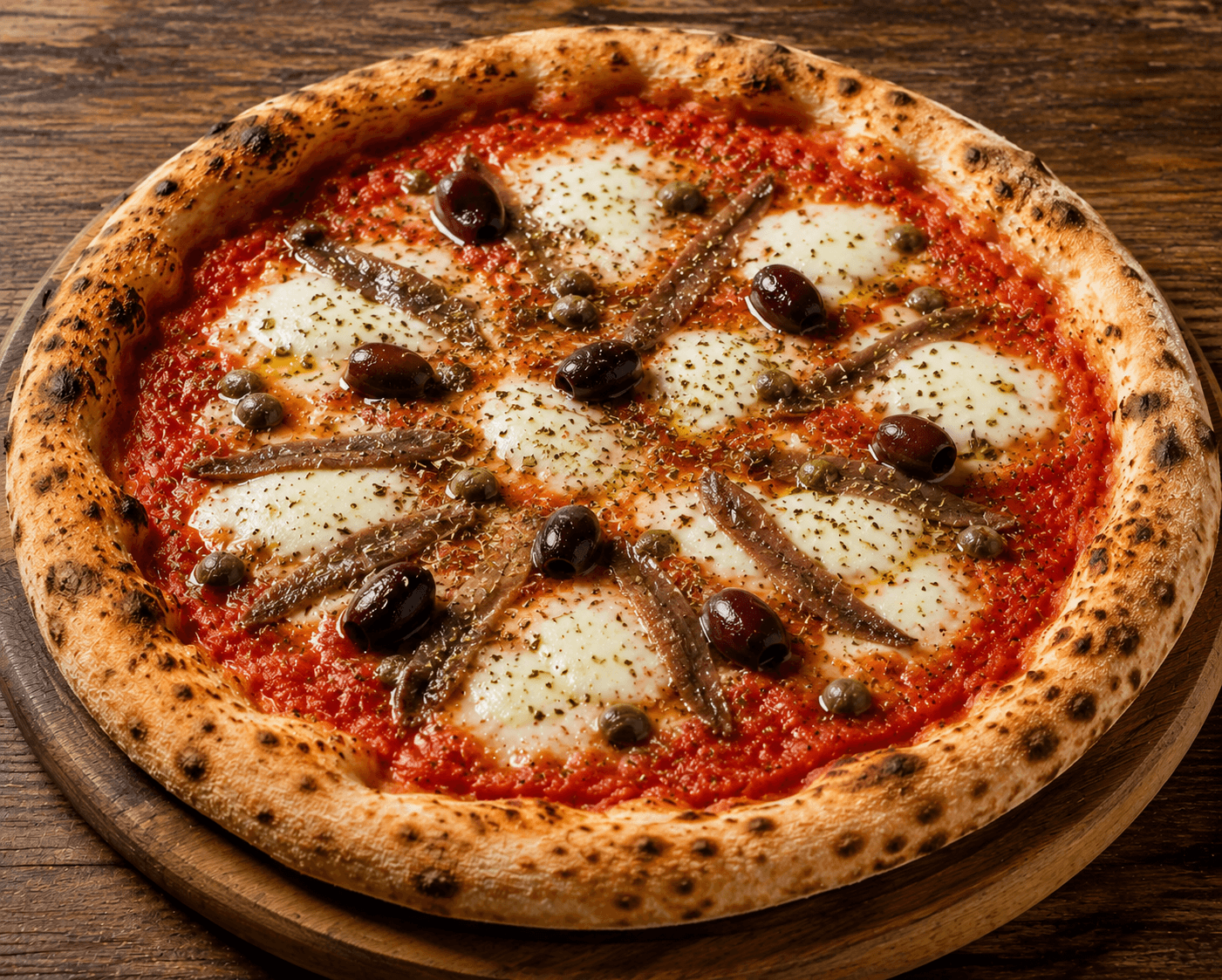 Napoletana - Sauce tomate, mozzarella, anchois, olives, câpres, origan