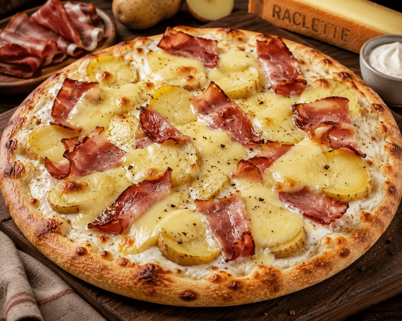 Raclette - Crème fraîche, mozzarella, pommes de terre, raclette, speck