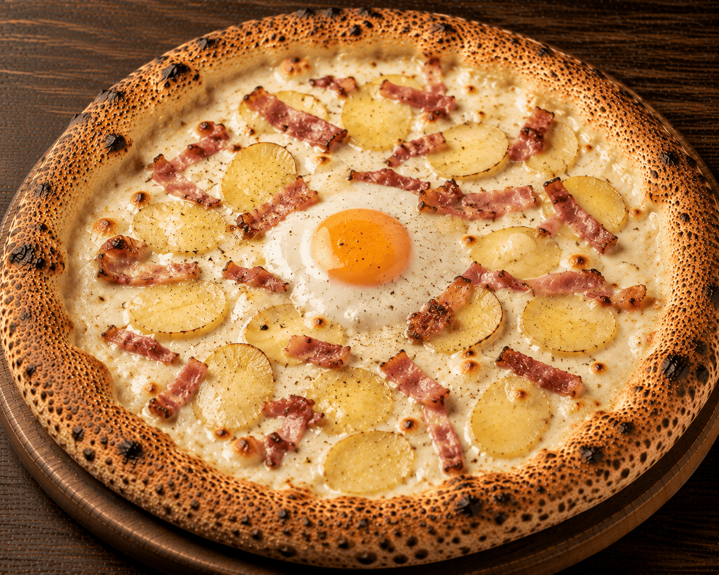 Santa Blanche - Crème fraîche, mozzarella, lardons fumés, pommes de terre, œuf