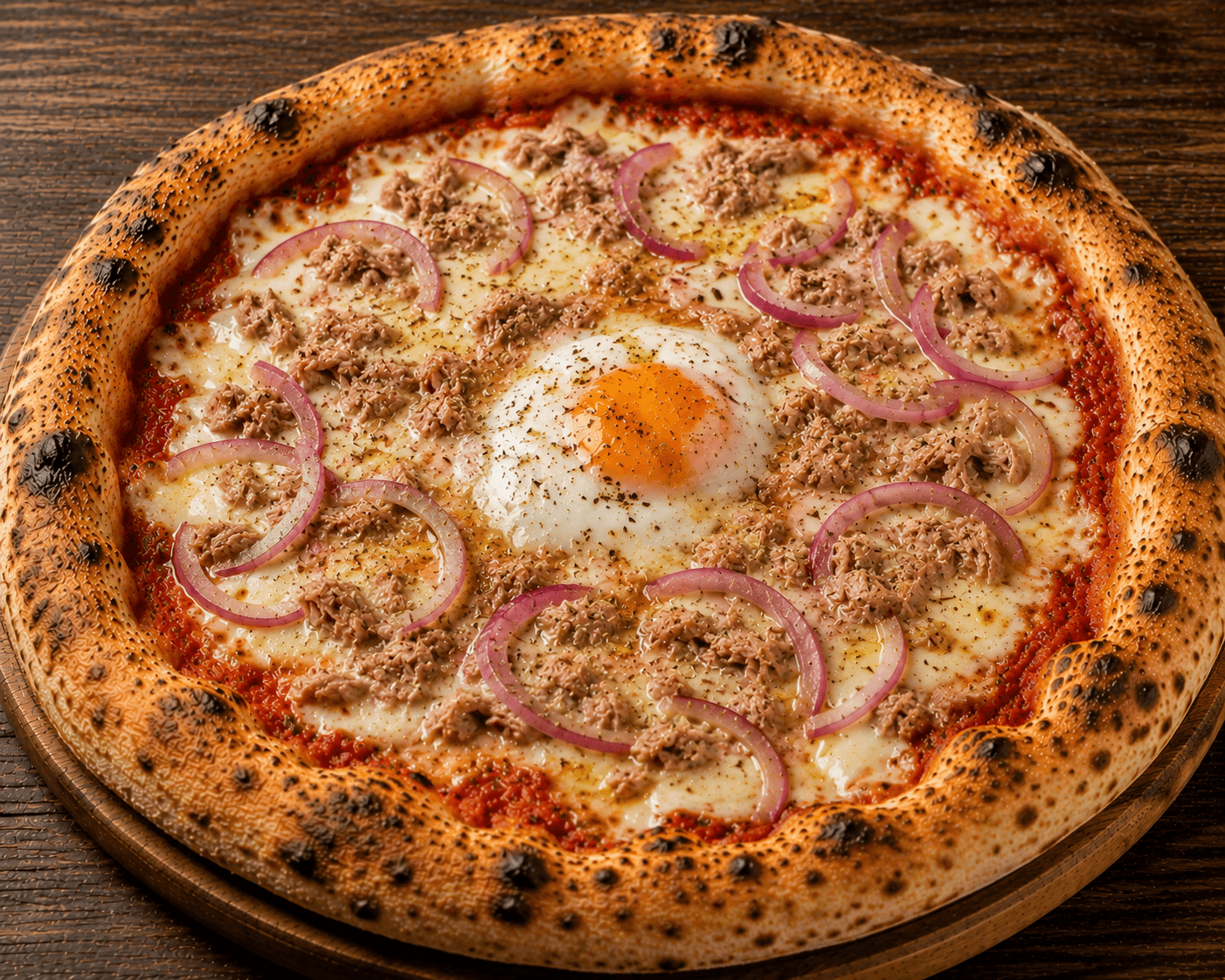 Thonata - Sauce tomate, mozzarella, thon, œuf, oignons marinés