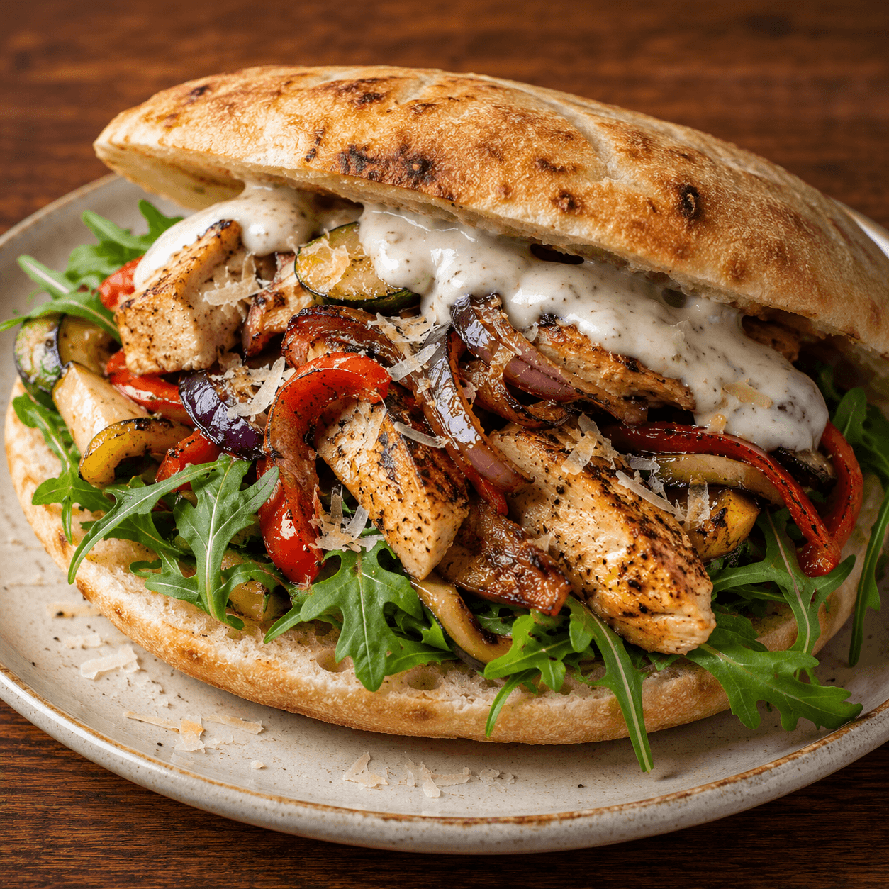 Puccia Poulet - Poulet mariné, légumes sautés, oignons grillés, roquette, Parmigiano râpé et sauce blanche citronnée maison.