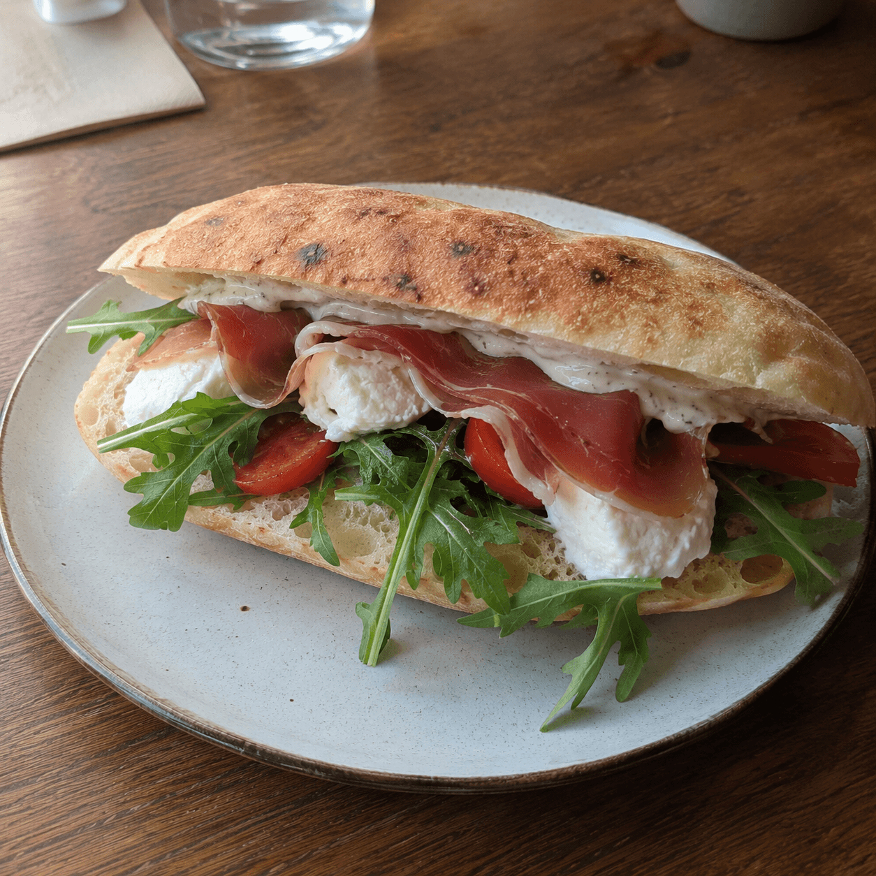 Puccia Speck - Speck, mozzarella di bufala, tomates fraîches, roquette et sauce blanche citronnée maison.