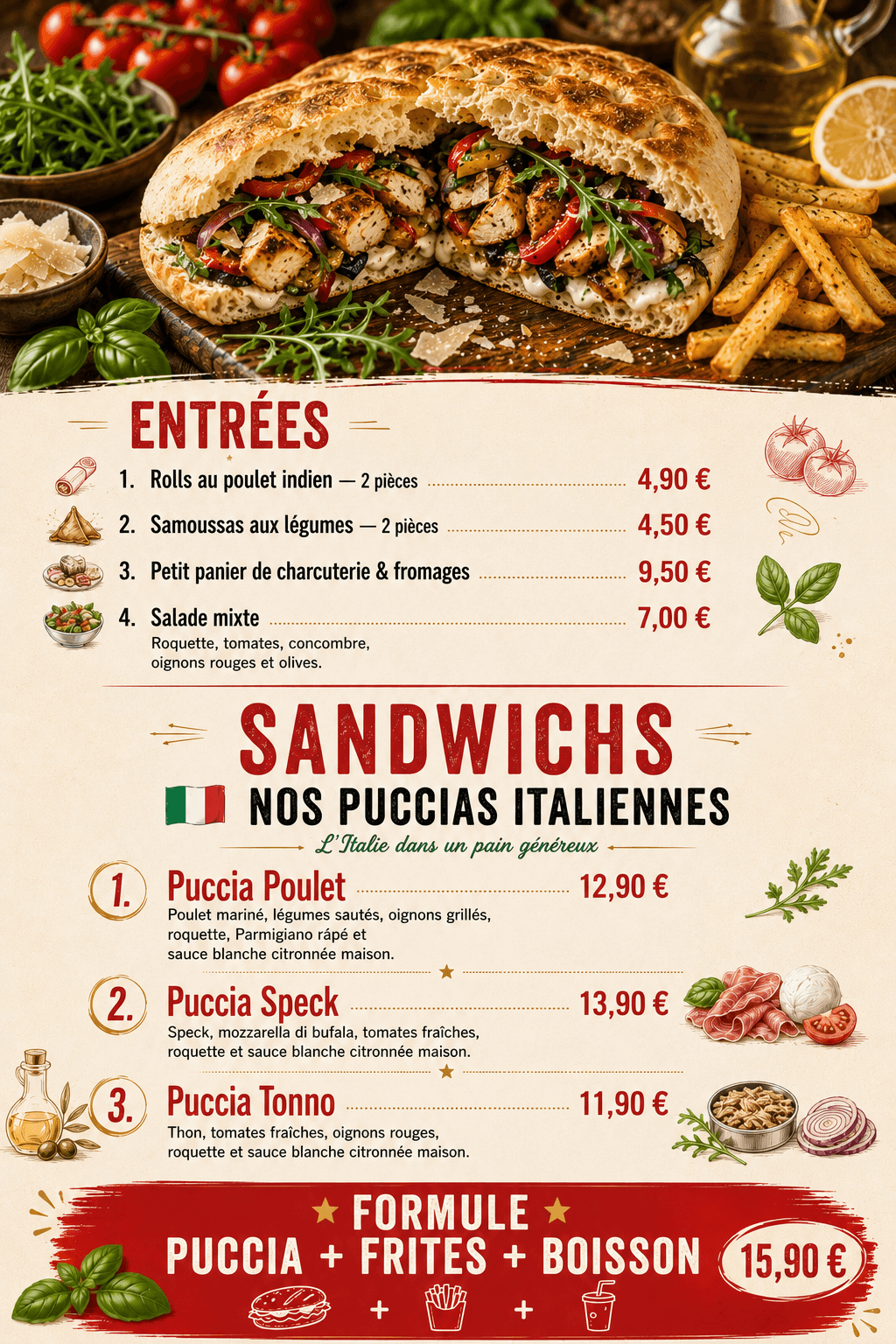 Carte du Menu des Entrées et des Menus Puccia