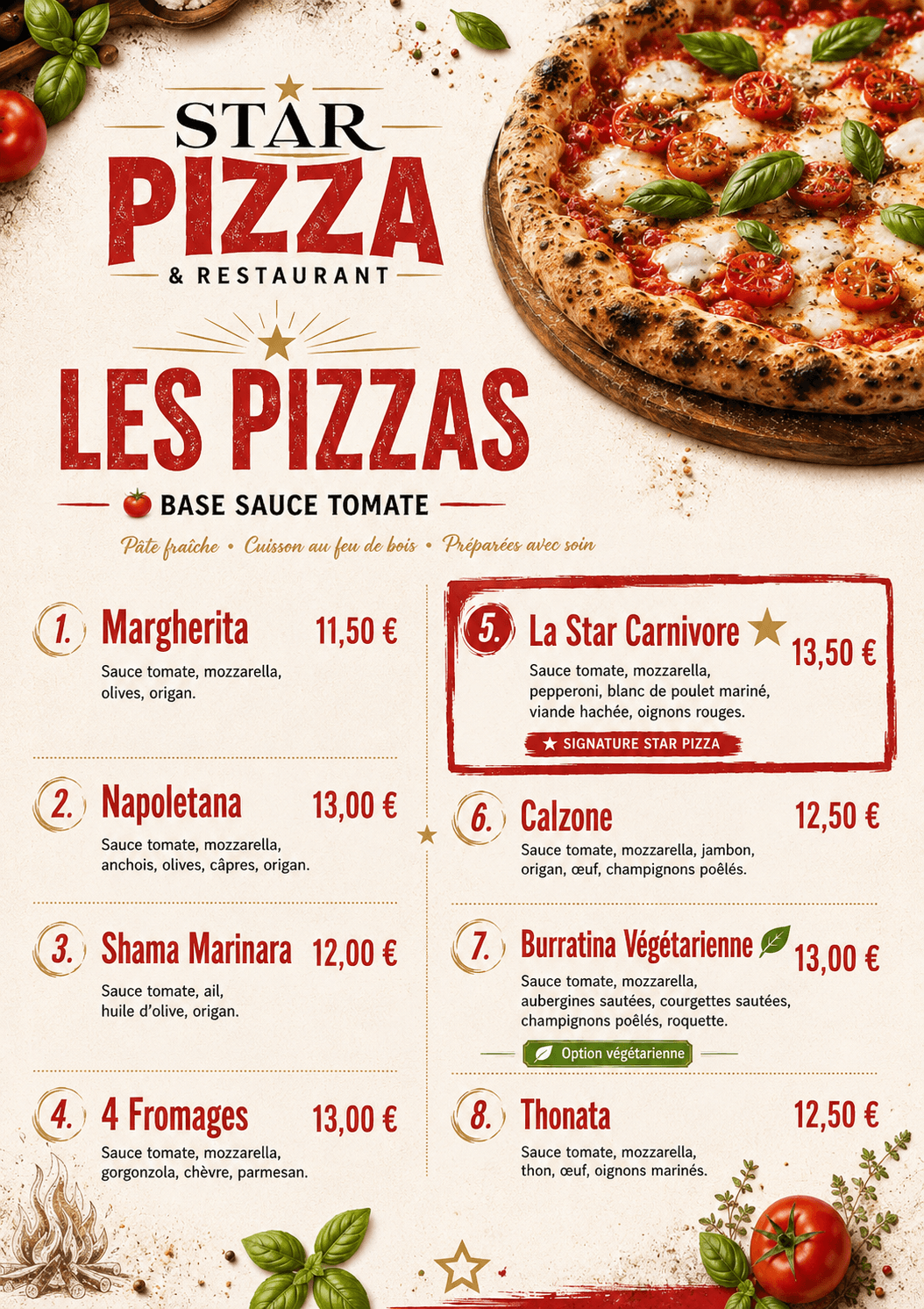 Carte du Menu Pizza - Page 1 - Liste des pizzas base tomate