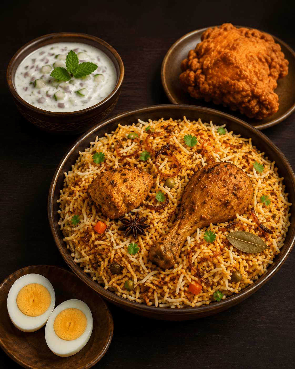 Menu Chicken Biryani - Biryani préparé avec du riz basmati, du poulet, des légumes et un mélange d’épices parfumées. Servi avec : un œuf dur, une portion de poulet frit et une sauce raïta.