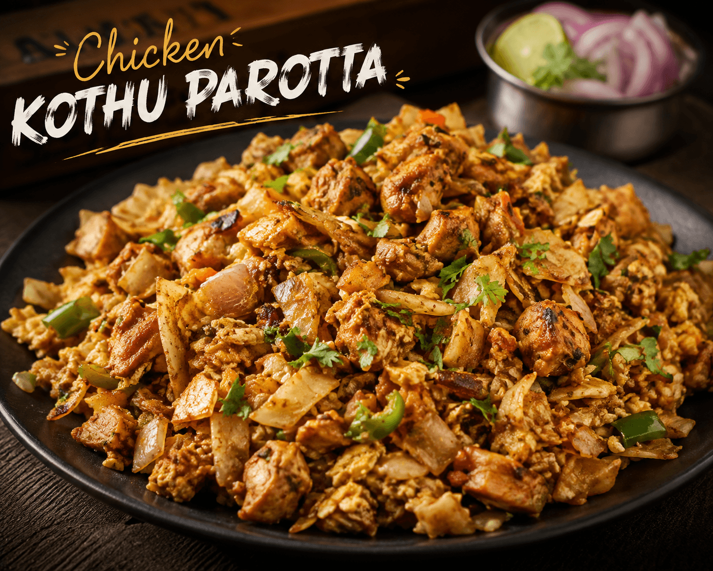 Menu Chicken Kothu - Kothu traditionnel préparé avec du poulet, des légumes et un savoureux mélange d’épices.