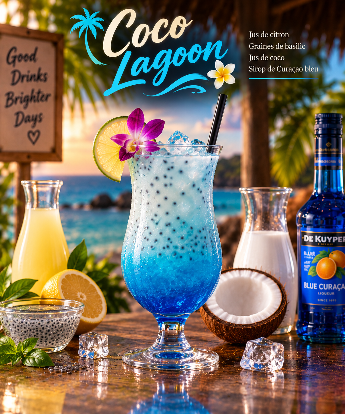 Coco Lagoon - Jus de citron, Graines de basilic, Jus de coco, Sirop de Curaçao bleu