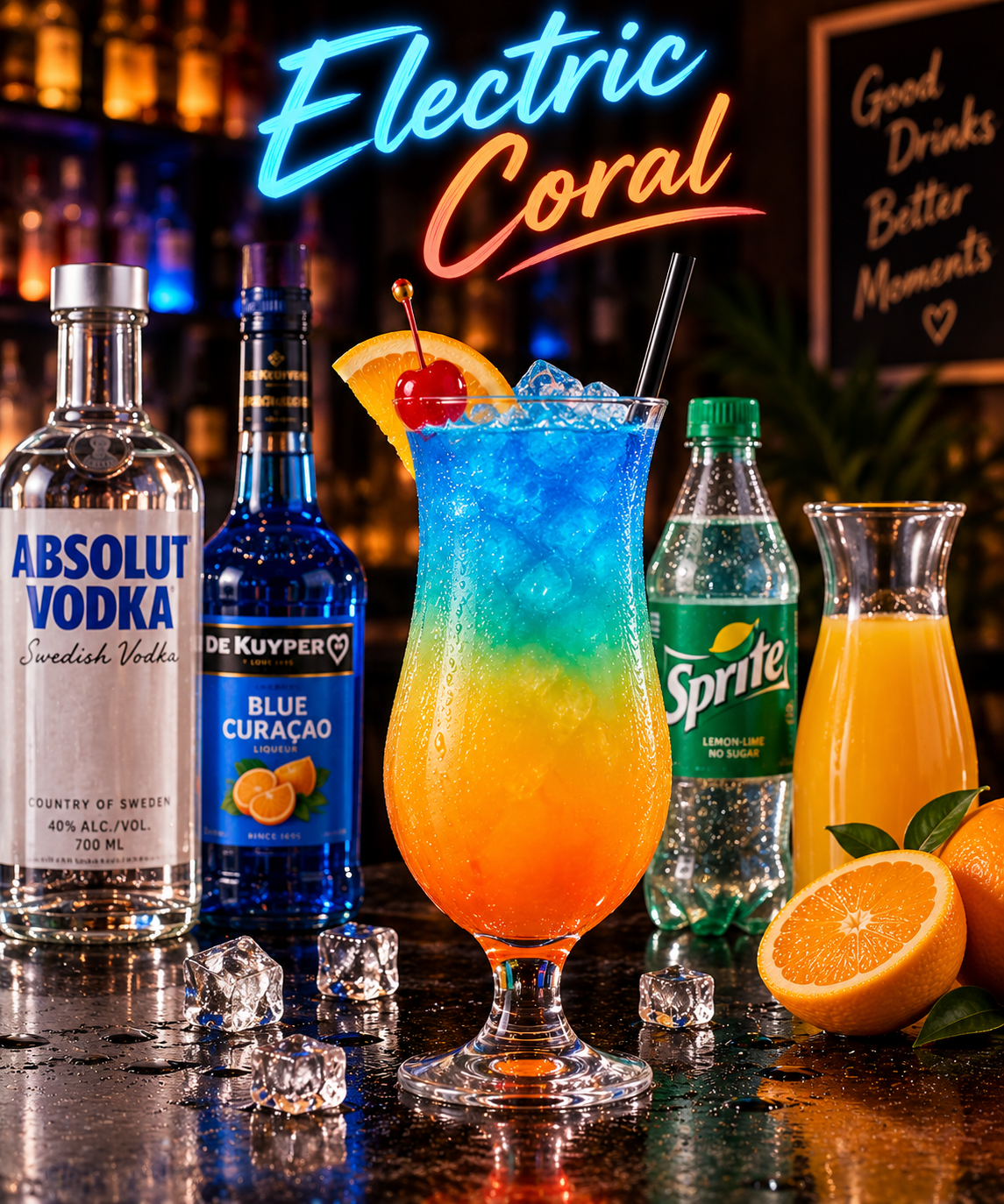 Electric Coral - Vodka, Liqueur Curaçao, Sprite, Jus d’orange