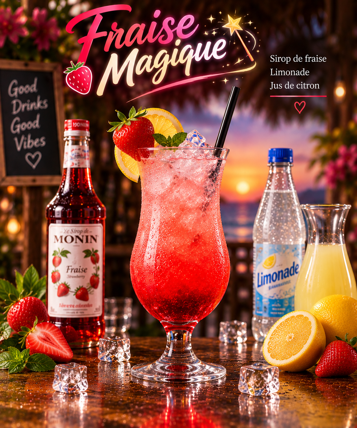 Fraise Magique - Sirop de fraise, Limonade, Jus de citron