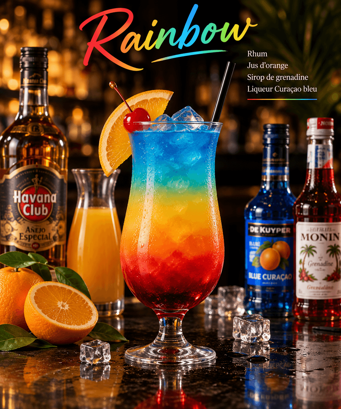 Rainbow - Rhum, Jus d’orange, Sirop de grenadine, Liqueur Curaçao bleu