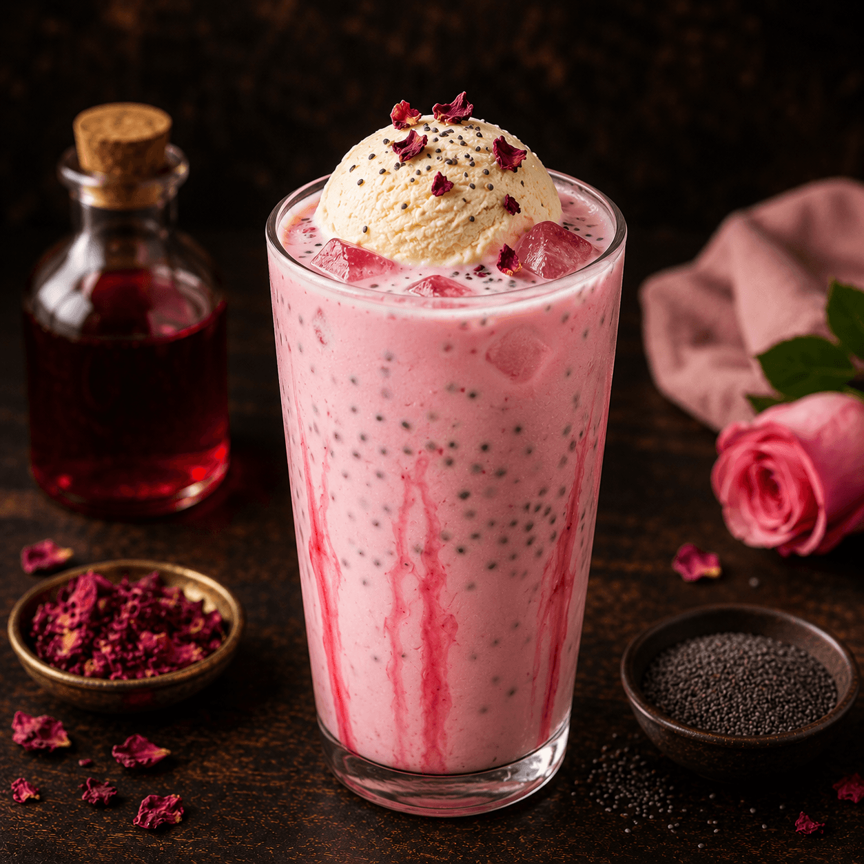 Sharbat - Sirop de rose, lait, graines de pavot et glace à la vanille.
