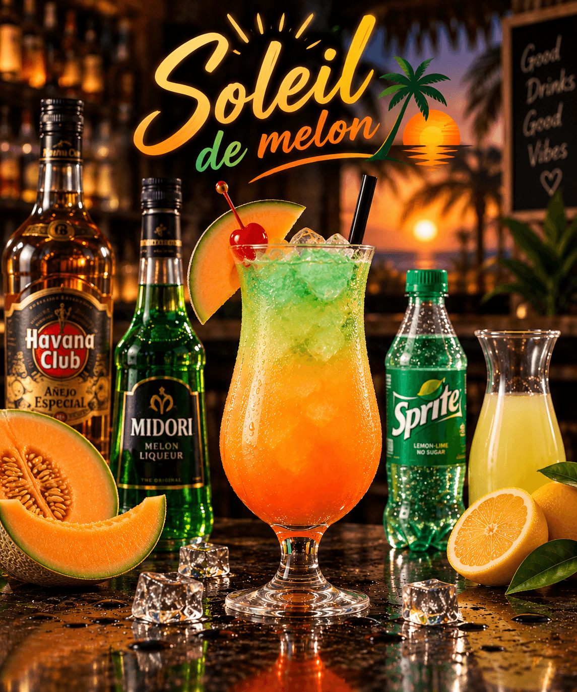 Soleil de melon - Rhum, Liqueur, Sprite, Jus de citron