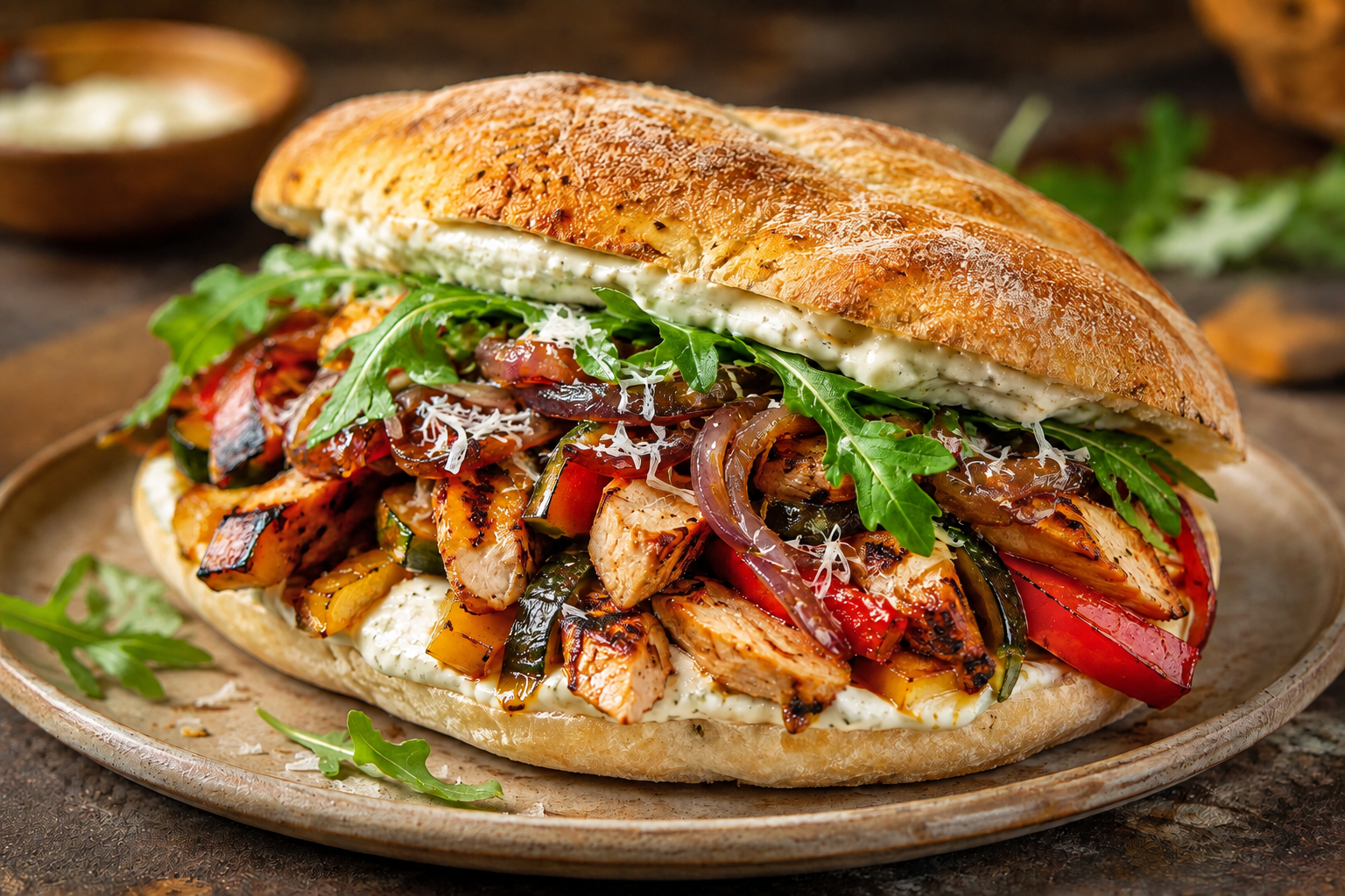 Puccia Poulet - Poulet mariné, légumes sautés, oignons grillés, roquette, Parmigiano râpé et sauce blanche citronnée maison.