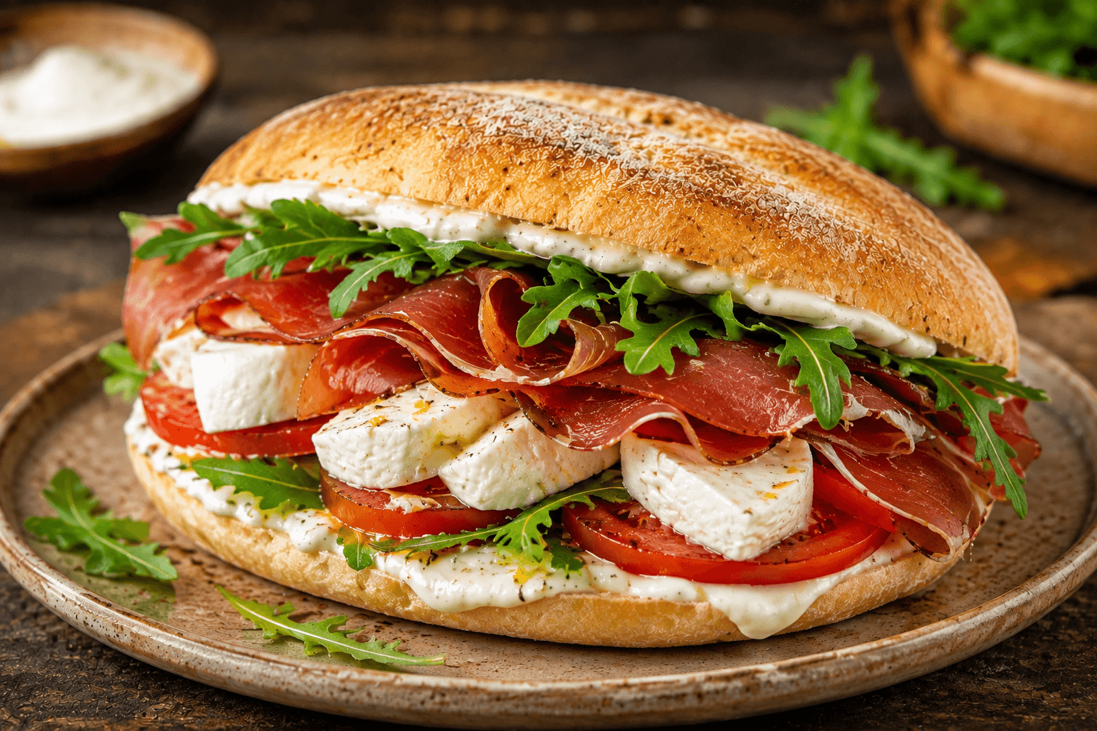 Puccia Speck - Speck, mozzarella di bufala, tomates fraîches, roquette et sauce blanche citronnée maison.