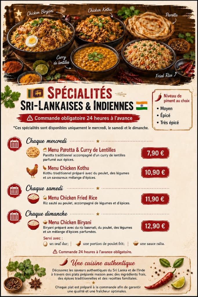 Carte du Menu des Spécialités Sri lankaises et indiennes
